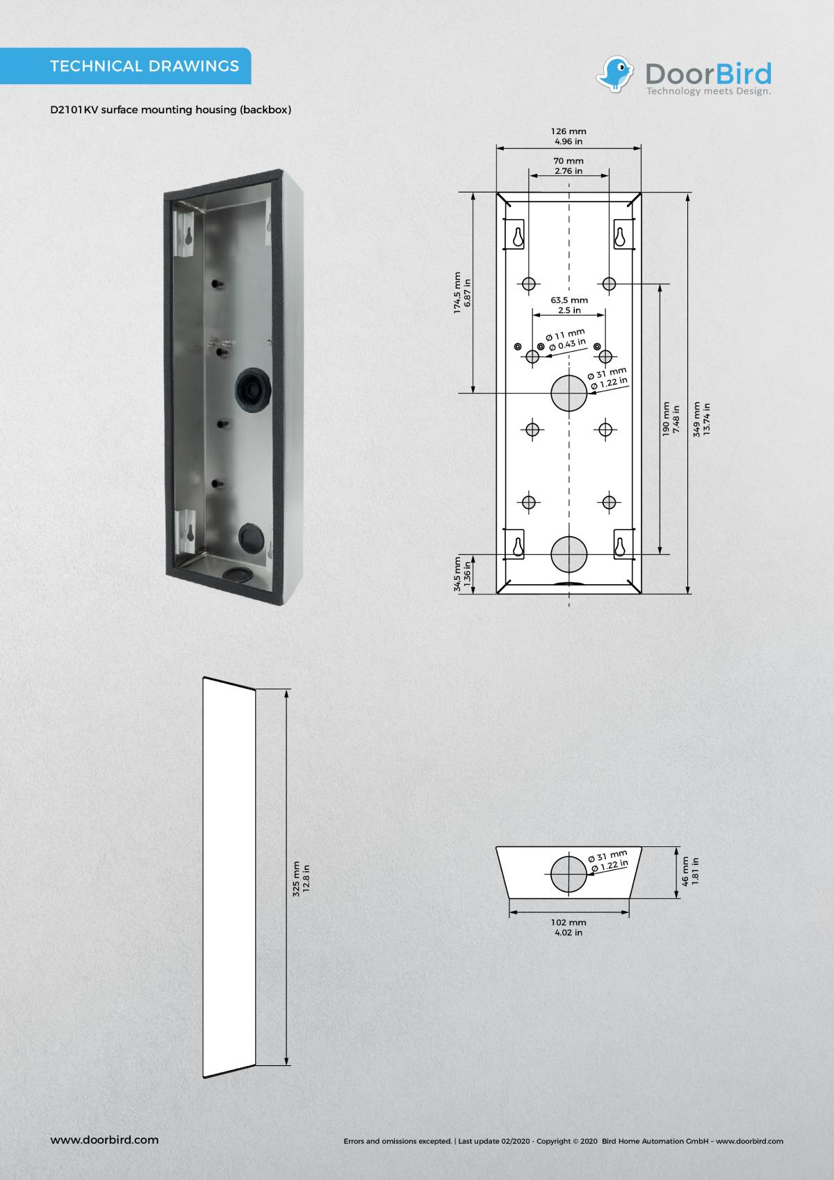 DoorBird D2101KV surface-mounting housing (backbox), stainless steel V2A, brushed
